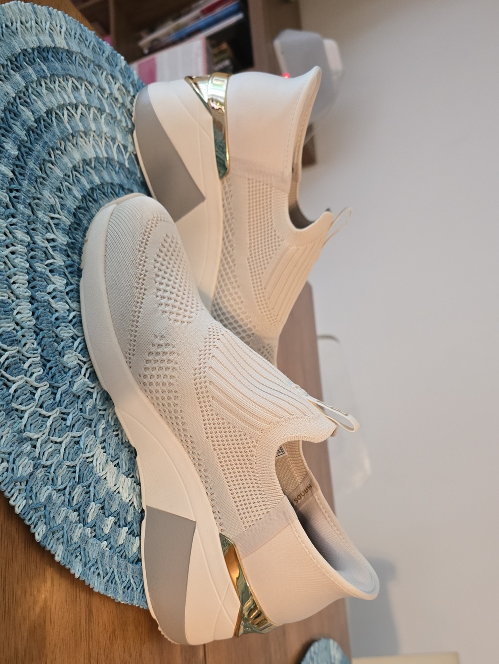 Knit Slip-On Platform Sneakers with Gold Heel Accent - Cream